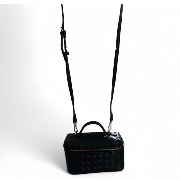 Black woven check Top handle faux leather vanity box bag - Picture 3 of 5